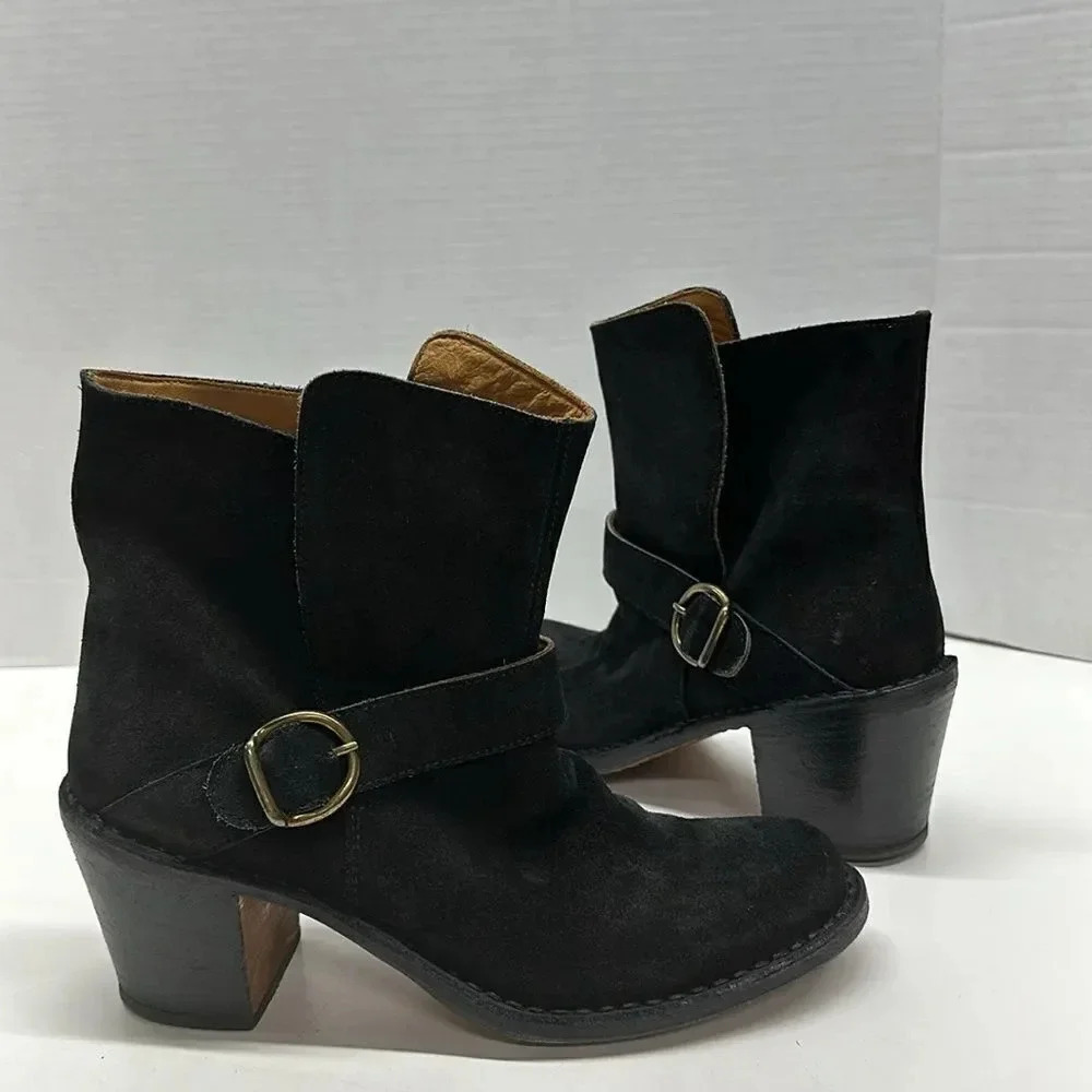Fiorentini + Baker Ankle Boots Heeled Buckle Booties Suede Black Size EU 38 US 8